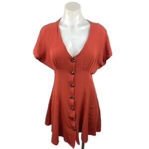 Nordstrom BP Orange Button Front Prairie V-neck Short Sleeves Mini Dress Size XS